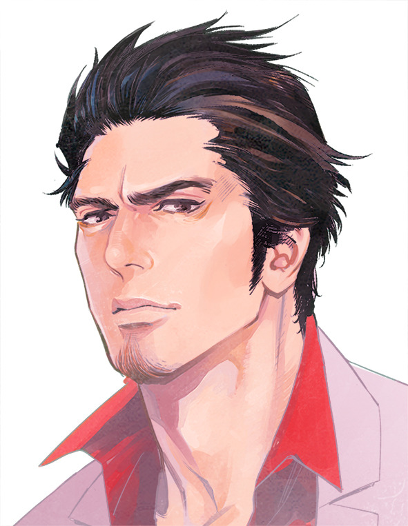 1boy black_eyes facial_hair grey_jacket hair_slicked_back hiromi-25 jacket kiryuu_kazuma light_smile looking_at_viewer male_focus profile red_shirt ryuu_ga_gotoku ryuu_ga_gotoku_1 shirt simple_background soul_patch spiked_hair white_background