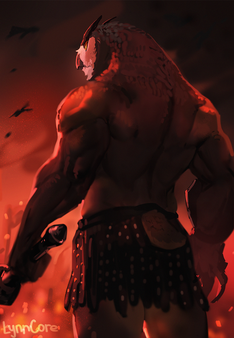 anthro avian back_muscles beak bird clothed clothing holding_object holding_weapon looking_away lynncore male muscular muscular_anthro muscular_arms muscular_male owl partially_clothed rear_view solo topless weapon