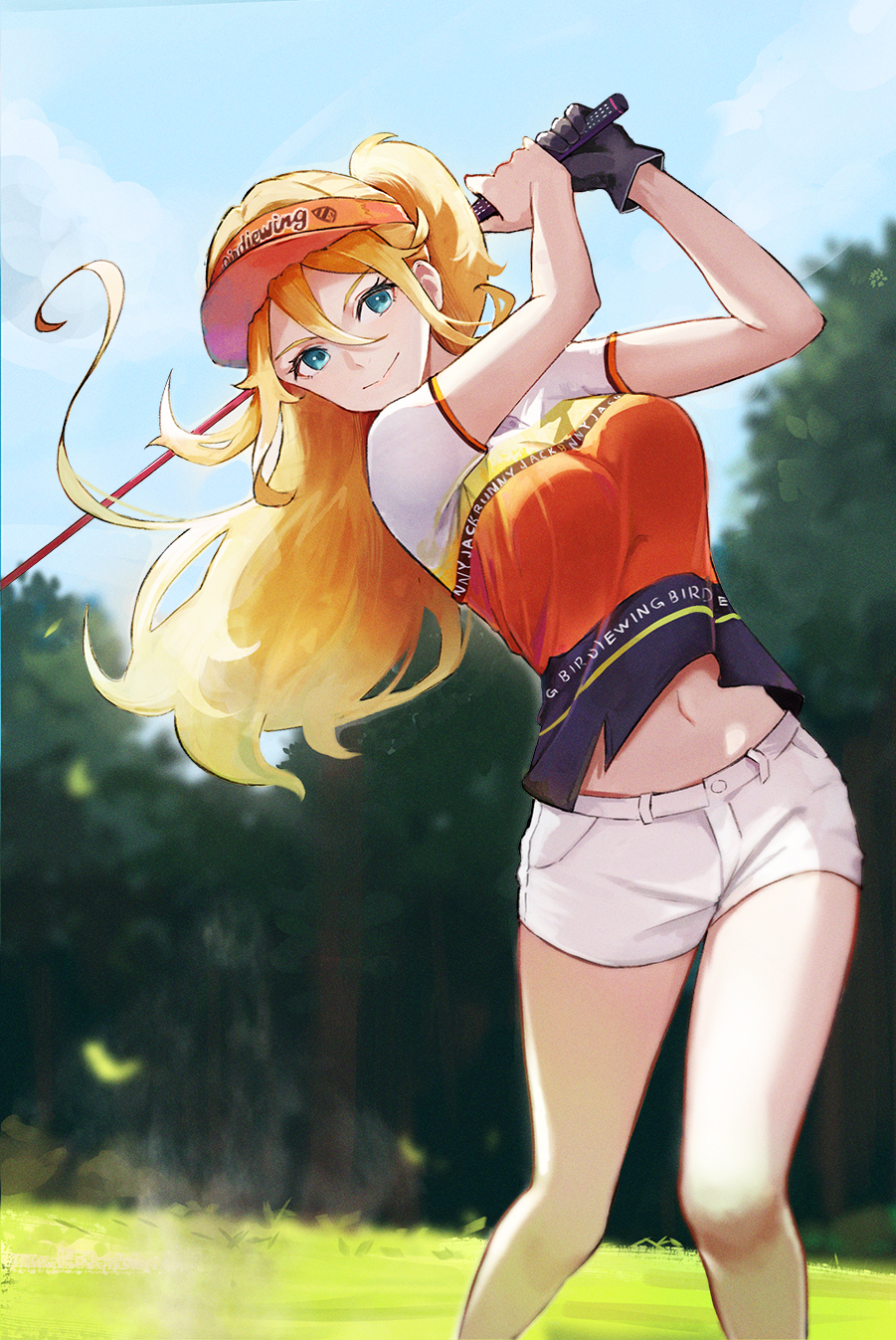 1girl bare_legs birdie_wing:_golf_girls'_story black_gloves blonde_hair blue_eyes blue_sky blurry blurry_background breasts clothes_writing cloud commentary day ema_(kuguiema) english_commentary eve_(birdie_wing) feet_out_of_frame gloves golf golf_club grass hair_between_eyes hat highres holding holding_golf_club long_hair looking_at_viewer medium_breasts midriff navel orange_shirt outdoors ponytail shirt short_shorts short_sleeves shorts single_glove sky smile solo standing stomach t-shirt thighs visor_cap white_shorts