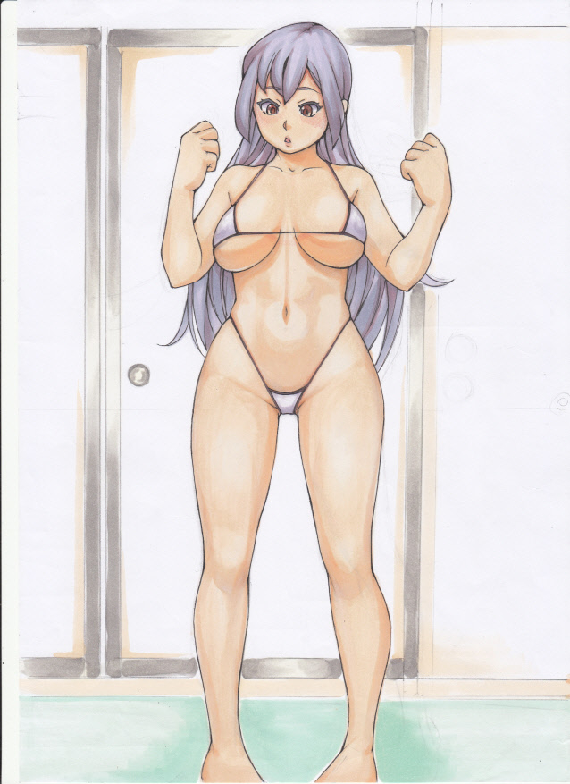 1girl bangs bare_shoulders bikini breasts breasts_apart brown_eyes collarbone commentary_request covered_nipples feet_out_of_frame grey_hair hands_up highleg highleg_bikini indoors large_breasts long_hair looking_down micro_bikini navel nemui333 original room sidelocks solo stomach swimsuit thigh_gap thighs traditional_media underboob very_long_hair