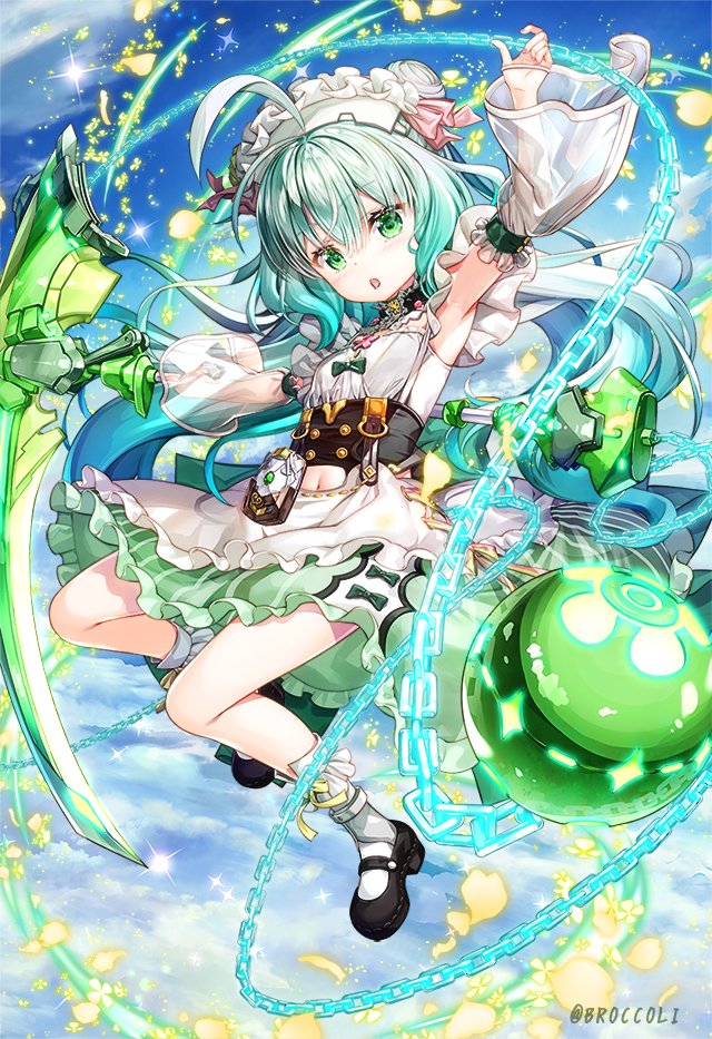 1girl above_clouds ahoge apron arm_up armpits bangs black_footwear blue_sky chain clothing_cutout cloud commentary_request copyright_request day detached_sleeves double_bun eyebrows_visible_through_hair frilled_apron frilled_skirt frills fujima_takuya green_eyes green_hair green_skirt hair_between_eyes hair_bun holding holding_scythe long_hair long_sleeves looking_at_viewer navel navel_cutout outdoors parted_lips scythe see-through see-through_sleeves shirt shoes skirt sky sleeveless sleeveless_shirt socks solo twitter_username white_apron white_legwear white_shirt wide_sleeves