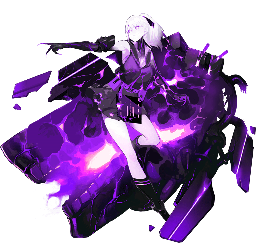 1girl abyssal_ship aircraft_carrier_princess_ii akira_(kadokawa) black_dress black_shirt breasts closed_mouth colored_skin dress flight_deck full_body gauntlets kantai_collection kneehighs large_breasts official_art ponytail purple_eyes shirt short_hair turret white_hair white_skin