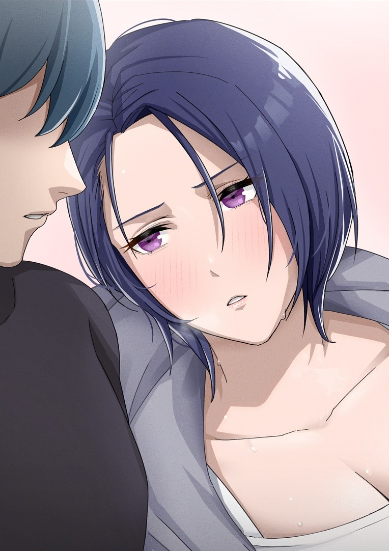 1boy 1girl alternate_costume black_hair black_sweater blue_hair blush breasts breath byleth_(fire_emblem) byleth_(fire_emblem)_(male) casual cleavage collarbone commentary_request contemporary drunk fire_emblem fire_emblem:_three_houses grey_jacket homomomomon hood hood_down hooded_jacket jacket lips looking_to_the_side no_eyes open_clothes open_jacket parted_lips pink_lips purple_eyes shamir_nevrand shirt short_hair sweat sweater white_shirt