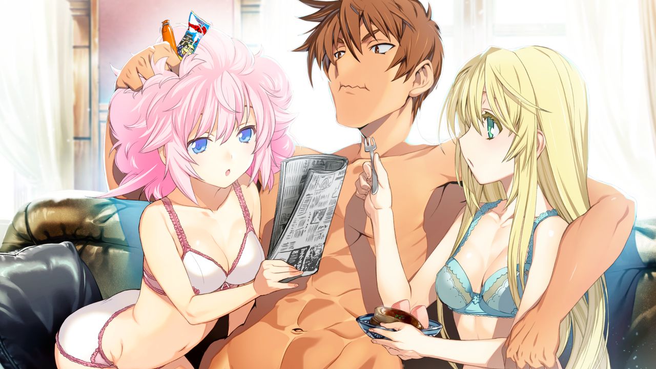 1boy 2girls :o arm_around_neck bangs blonde_hair blue_bra blue_eyes bra breasts brown_eyes brown_hair cleavage closed_mouth collarbone couch eating fork game_cg green_eyes hair_between_eyes hand_on_another's_head holding holding_fork indoors long_hair medium_breasts multiple_girls navel orion_(orionproject) panties pink_hair rance rance_10 sheila_helman short_hair sill_plain sitting straight_hair underwear underwear_only very_long_hair white_bra white_panties