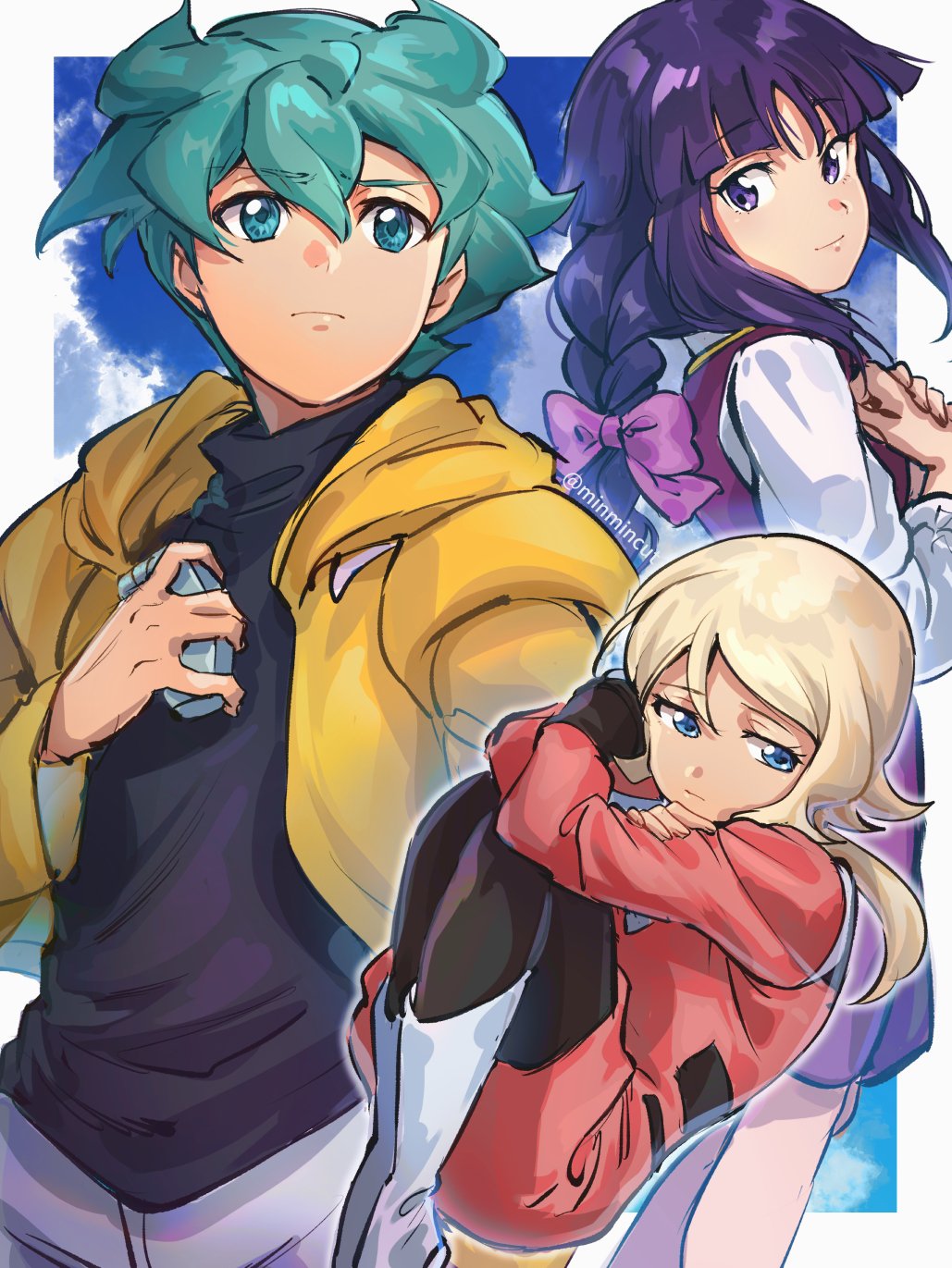 1boy 2girls bangs black_sweater blonde_hair blue_eyes blue_hair bow braid chanmura cloud curled_up dress emily_armond eyebrows_visible_through_hair flit_asuno floating gundam gundam_age hair_bow highres holding hood hoodie jacket looking_to_the_side multiple_girls pink_bow purple_dress purple_hair red_jacket sky sweater twitter_username yellow_hoodie yurin_leciel