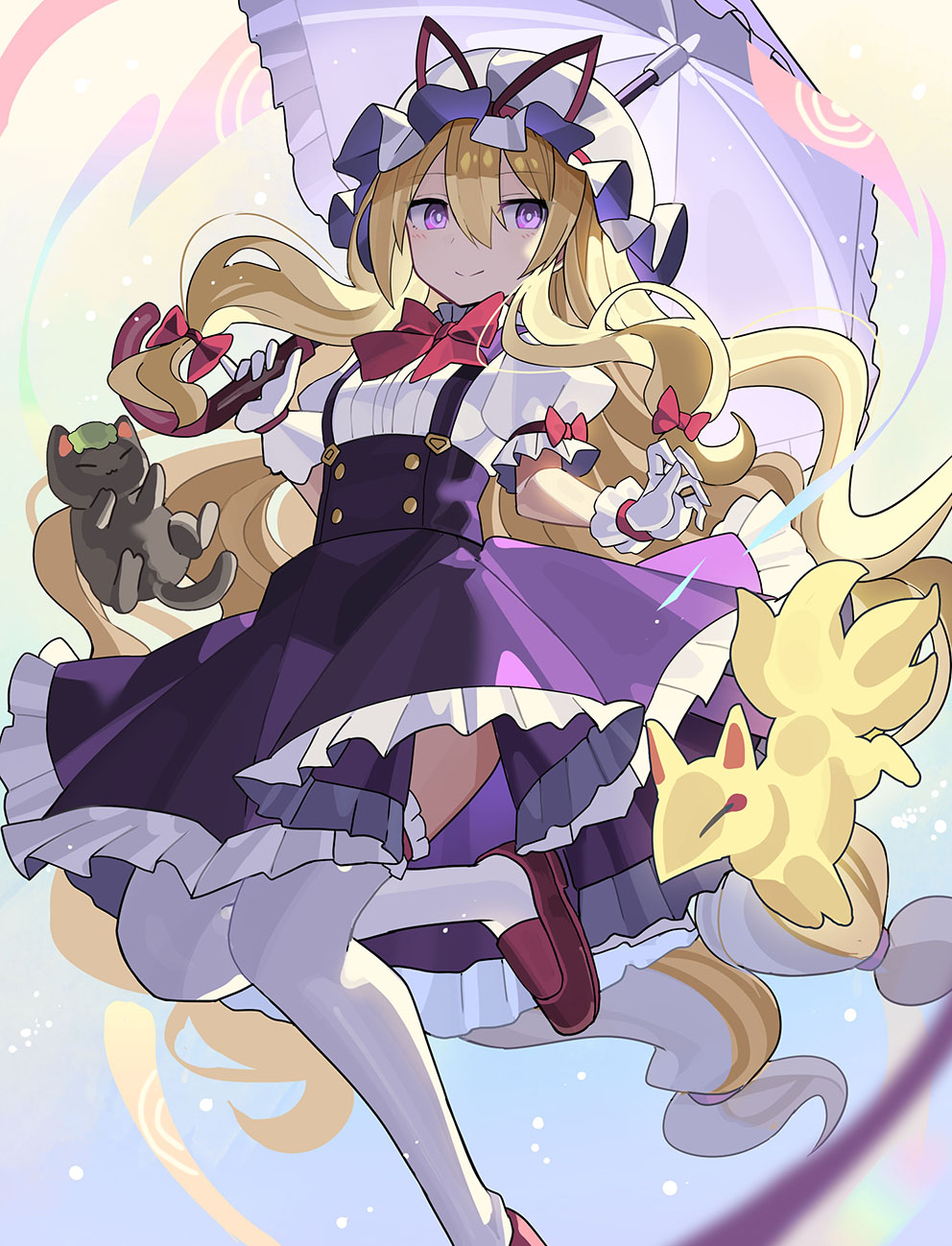 1girl blonde_hair chen chen_(cat) closed_mouth falken_(yutozin) gloves hair_between_eyes hat highres holding holding_umbrella loafers long_hair looking_at_viewer mob_cap purple_eyes purple_skirt red_footwear shoes skirt smile thighhighs touhou umbrella very_long_hair white_gloves white_headwear white_legwear yakumo_ran yakumo_ran_(fox) yakumo_yukari