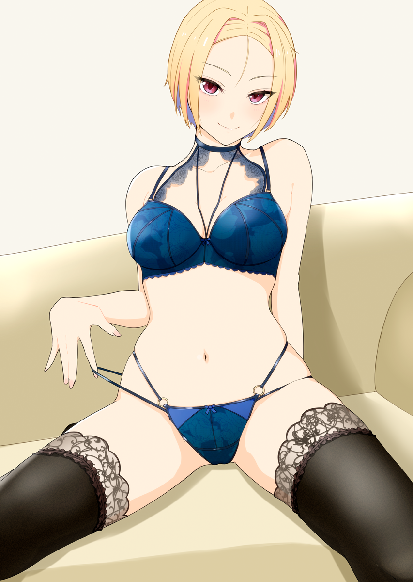 1girl black_legwear blonde_hair blue_bra blue_panties blush bra breasts closed_mouth couch frilled_legwear hi_iro highres looking_at_viewer medium_breasts multi-strapped_panties navel original panties red_eyes seductive_smile short_hair sitting smile solo thighhighs underwear