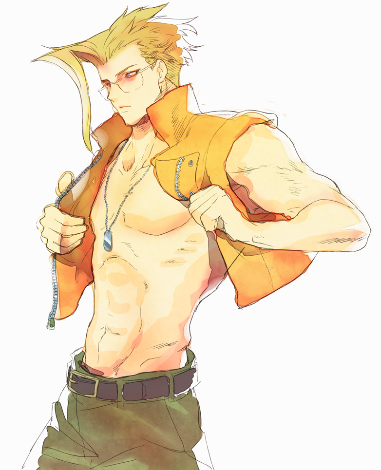 1boy abs belt blonde_hair blue_eyes boots charlie_nash collarbone commentary_request glasses groin male_focus muscular muscular_male navel open_clothes open_vest pants rimless_eyewear solo stomach street_fighter street_fighter_zero_(series) tanakalma vest yellow_eyes