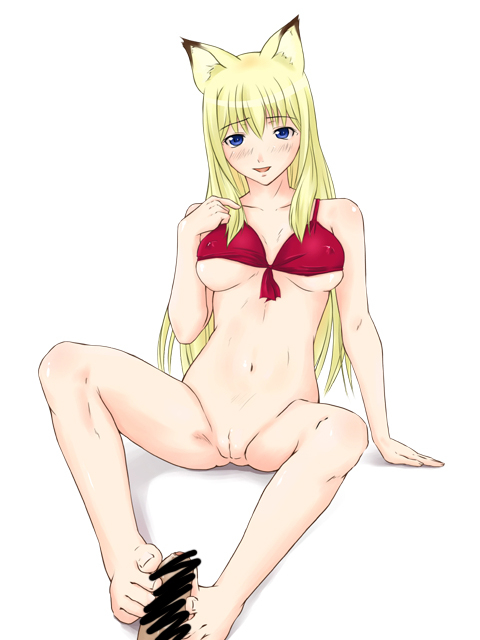 animal_ears bikini bikini_top blonde_hair blue_eyes blush breasts censored covered_nipples feet footjob large_breasts long_hair navel penis pov pussy solo swimsuit take_ryo tenko_kuugen underboob wagaya_no_oinari-sama