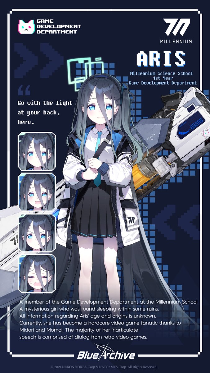 1girl absurdly_long_hair arisu_(blue_archive) black_hairband blue_archive blue_eyes blush boots character_name character_sheet dark_blue_hair doremi english_text expressions full_body hairband halo highres jacket long_hair looking_at_viewer necktie official_art railgun school_uniform smile solo very_long_hair weapon