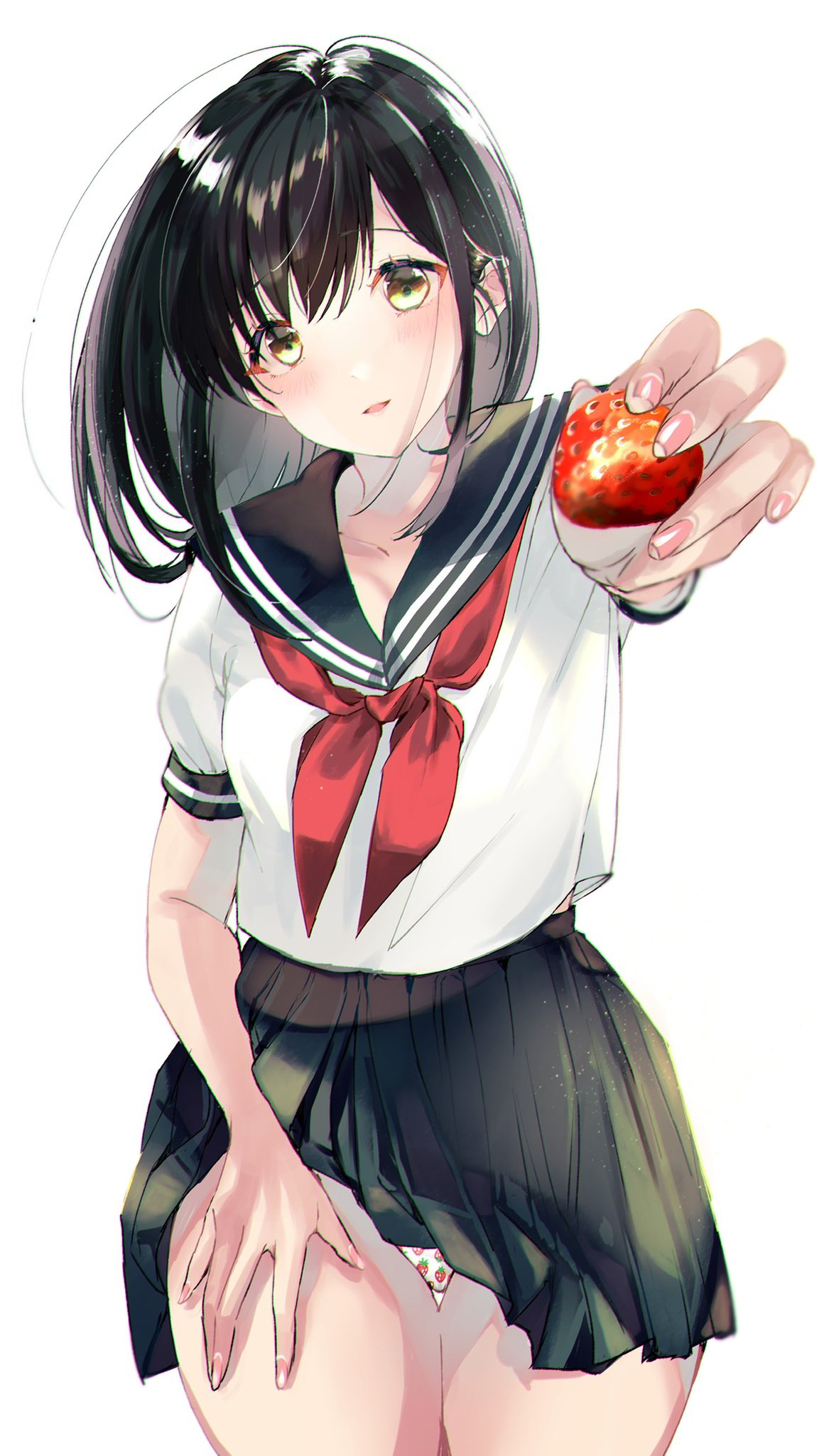 1girl bangs black_hair black_sailor_collar black_skirt blush brown_eyes collarbone food food_print fruit hand_on_own_thigh hatigatunoneko highres holding holding_food holding_fruit ichigo_100_percent long_hair looking_at_viewer neckerchief panties print_panties red_neckerchief sailor_collar school_uniform serafuku short_sleeves simple_background skirt solo strawberry strawberry_print toujou_aya underwear white_background