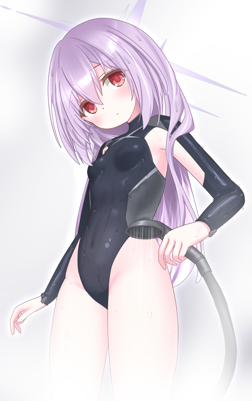 1girl atsuko_(blue_archive) black_leotard black_sleeves blue_archive blush breasts from_below groin highleg highleg_leotard highres indoors langley1000 leotard long_hair looking_down purple_hair red_eyes shower_head small_breasts solo thighs wet wet_clothes