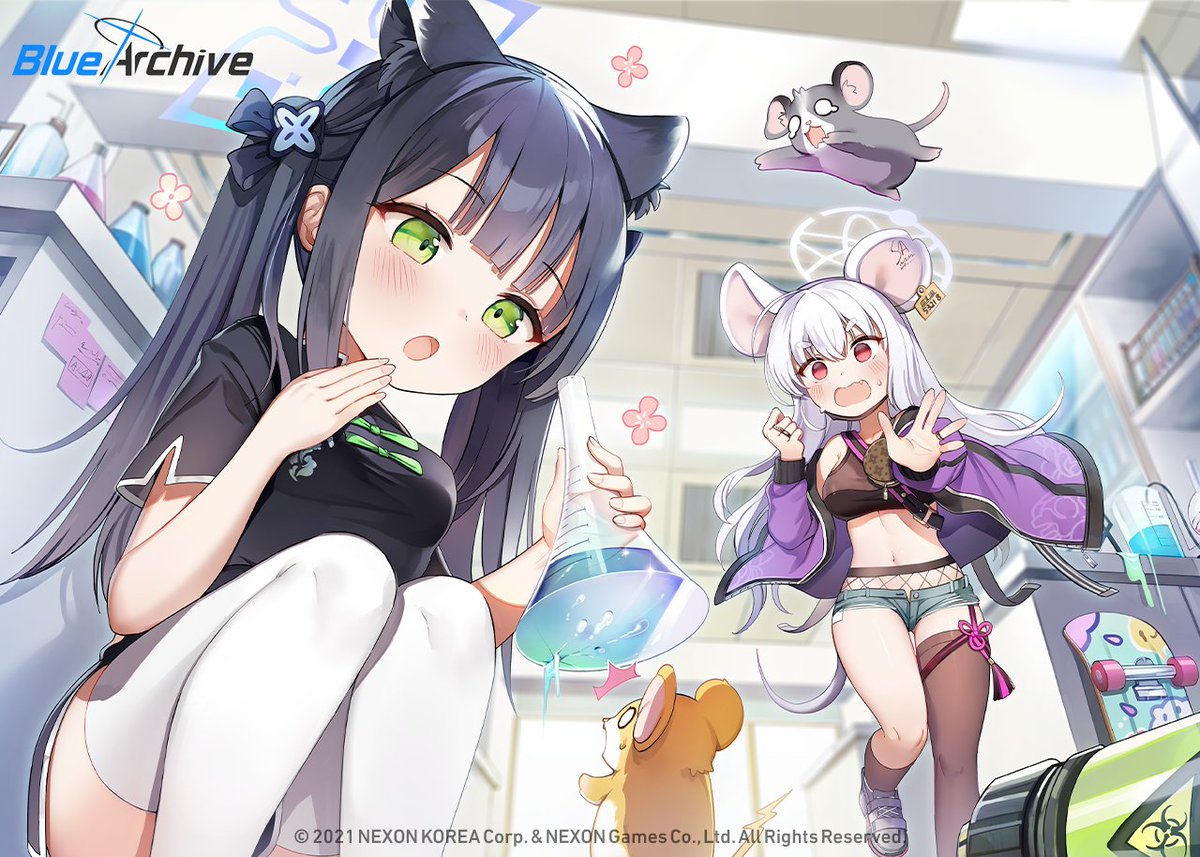 2girls animal_ears asymmetrical_legwear black_dress black_hair black_legwear blue_archive blue_legwear blush cat_ears chemistry china_dress chinese_clothes dress ear_piercing erlenmeyer_flask fishnets flask green_eyes halo indoors jacket jehyun long_hair looking_at_another mouse mouse_ears mouse_tail multiple_girls navel off_shoulder official_art open_mouth piercing pink_eyes purple_jacket saya_(blue_archive) saya_(casual)_(blue_archive) short_sleeves shun_(blue_archive) shun_(small)_(blue_archive) skateboard tail twintails white_hair white_legwear