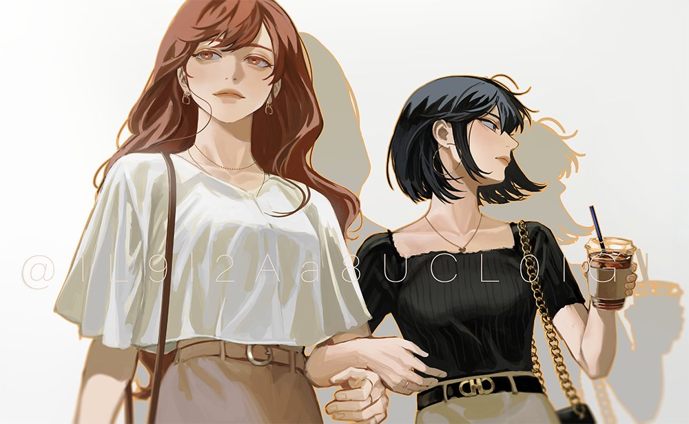 2girls bag belt belt_buckle black_eyes black_hair black_shirt blackbox_(blackbox9158) brown_eyes brown_hair buckle collarbone cup disposable_cup drinking_straw earrings handbag holding holding_another's_arm holding_cup hoop_earrings jewelry lips locked_arms long_hair looking_away looking_to_the_side multiple_girls multiple_rings necklace omniscient_reader's_viewpoint ring shadow shirt shirt_overhang shirt_tucked_in short_hair short_sleeves skirt smile sooyoung_han symbol-only_commentary upper_body white_background white_shirt yoo_sangah