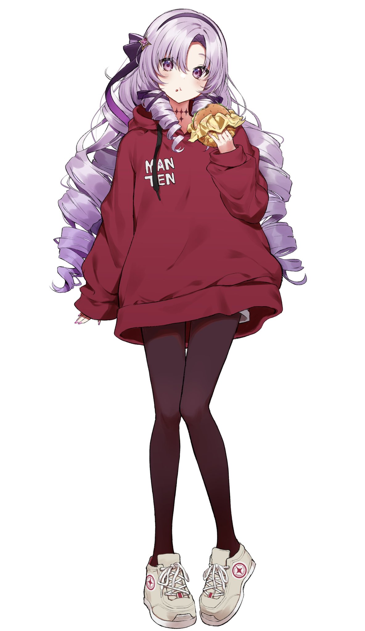 1girl :t bangs blush brown_legwear burger drill_hair eating food food_on_face full_body hair_between_eyes hair_ribbon hairband hand_up highres holding holding_food hood hoodie hyakumantenbara_salome long_hair long_sleeves mia_(fai1510) nijisanji pantyhose purple_eyes purple_hair purple_hairband purple_ribbon red_hoodie ribbon shoes simple_background solo very_long_hair virtual_youtuber white_background