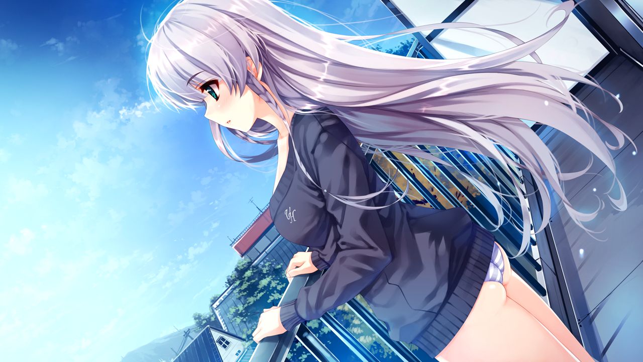 1girl ass bangs black_sweater blue_sky braid collarbone cowboy_shot day dutch_angle eyebrows_visible_through_hair floating_hair furukawa_yui game_cg green_eyes hair_between_eyes long_hair long_sleeves misaki_kurehito outdoors panties parted_lips profile rooftop shiny shiny_hair sky solo standing striped striped_panties sweater underwear ushinawareta_mirai_wo_motomete very_long_hair white_hair