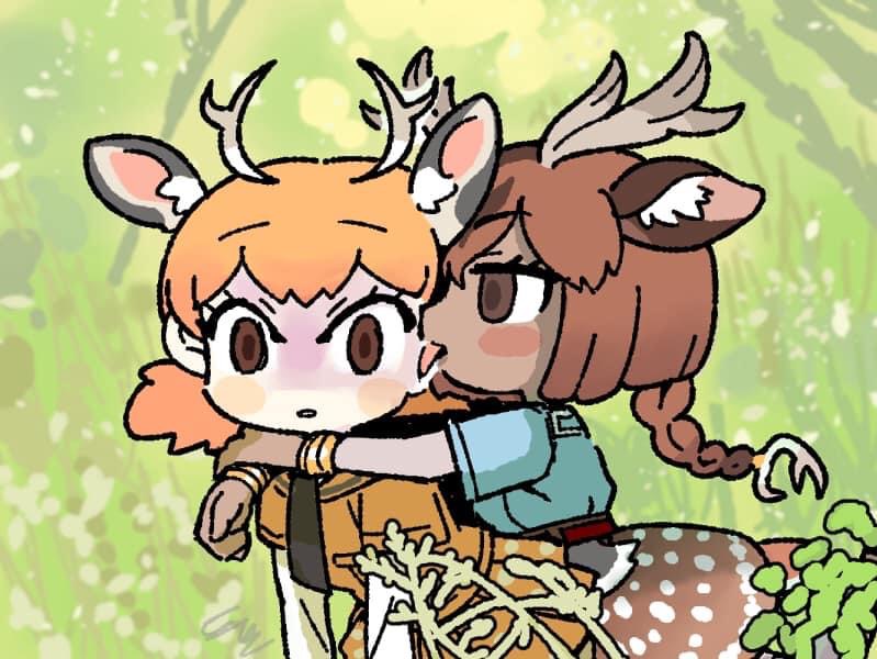2girls abdula animal_ears antlers arms_around_neck axis_deer_(kemono_friends) bangs belt blush_stickers braid braided_ponytail brown_eyes brown_hair chibi dark-skinned_female dark_skin day deer_antlers deer_ears deer_girl deer_tail empty_eyes extra_ears eyebrows_visible_through_hair eyelashes hug kemono_friends korean_commentary layered_sleeves leaning_forward licking licking_another's_face long_hair long_sleeves multicolored_hair multiple_girls necktie orange_hair outdoors parted_lips photo-referenced shirt short_over_long_sleeves short_sleeves short_twintails sika_deer_(kemono_friends) single_braid skirt tail tongue tongue_out turn_pale twintails wide_hips