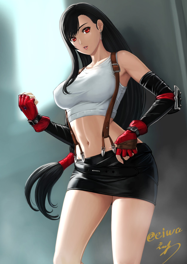 1girl armpits bare_shoulders black_hair breasts crop_top detached_sleeves eiwa final_fantasy final_fantasy_vii fingerless_gloves gloves jewelry large_breasts lips long_hair looking_at_viewer low-tied_long_hair midriff miniskirt navel pencil_skirt red_eyes red_gloves signature skirt solo stomach suspender_skirt suspenders tank_top tifa_lockhart twitter_username white_tank_top