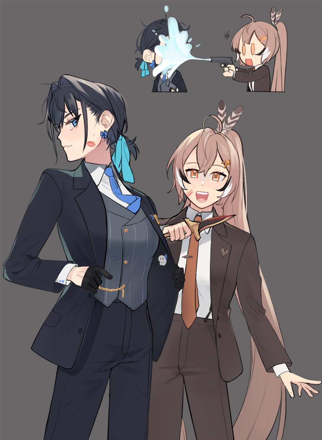 2girls :d ahoge alternate_costume bangs black_suit blood blood_on_face blue_eyes blue_hair blue_necktie blue_ribbon boros_(ouro_kronii) bow bow_earrings brown_eyes brown_hair brown_suit business_suit collared_shirt earrings eus_ing fang feather_hair_ornament feathers formal gloves hair_intakes hair_ornament hair_ribbon hairclip half_gloves highres hololive hololive_english jewelry lipstick lipstick_mark long_hair looking_at_viewer makeup multicolored_hair multiple_girls nanashi_mumei necktie orange_necktie ouro_kronii pant_suit pocket_watch ponytail ribbon shirt short_hair short_ponytail skin_fang smile streaked_hair suit very_long_hair vest virtual_youtuber watch water_gun white_shirt