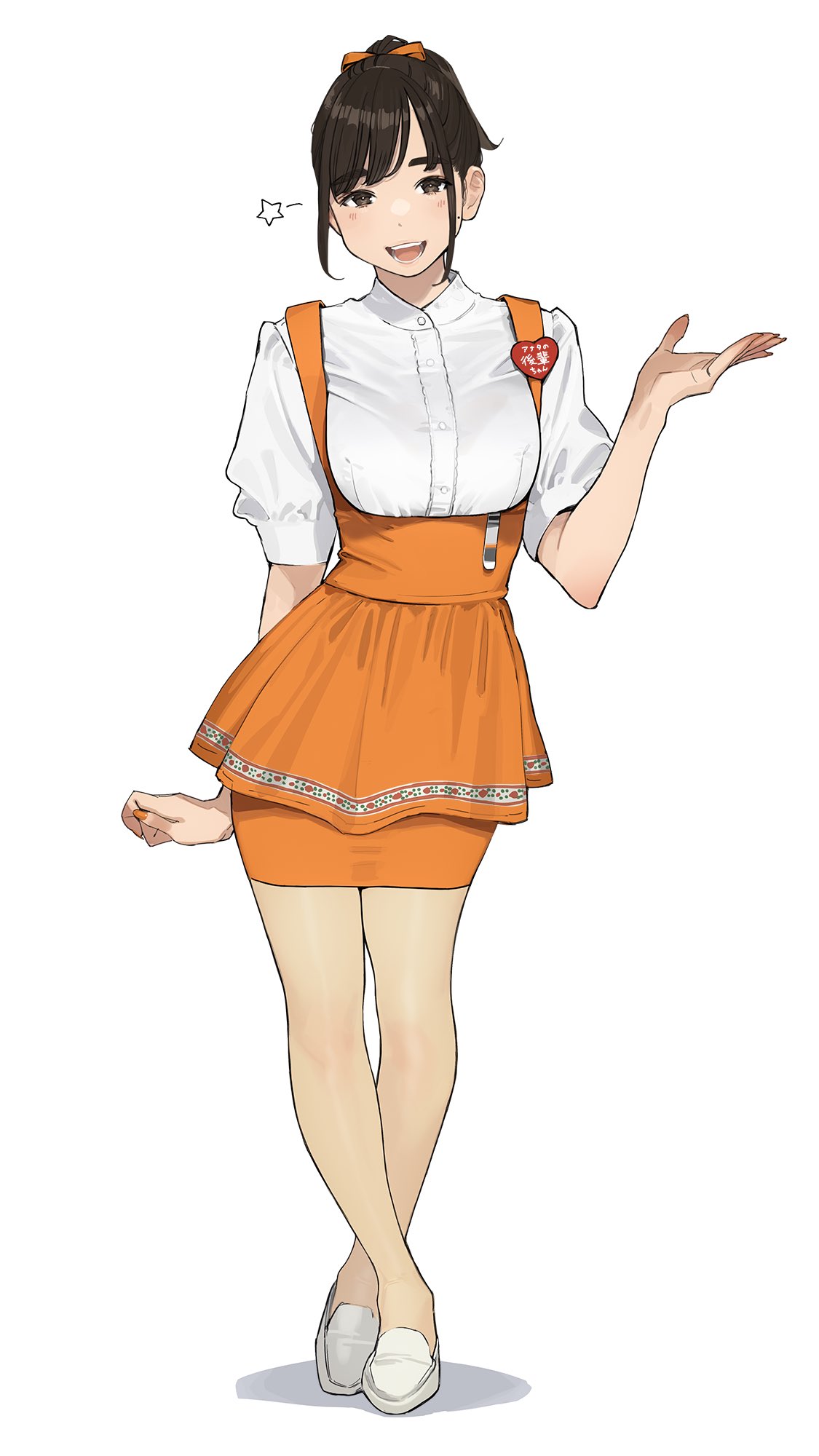 1girl :d anna_miller blush bra_visible_through_clothes brown_eyes brown_hair commentary_request employee_uniform full_body ganbare_douki-chan hair_ribbon highres kouhai-chan_(douki-chan) looking_at_viewer orange_ribbon orange_skirt pantyhose ribbon shirt shoes short_hair short_sleeves simple_background skirt smile solo standing star_(symbol) teeth uniform waitress white_background white_footwear white_shirt yomu_(sgt_epper)