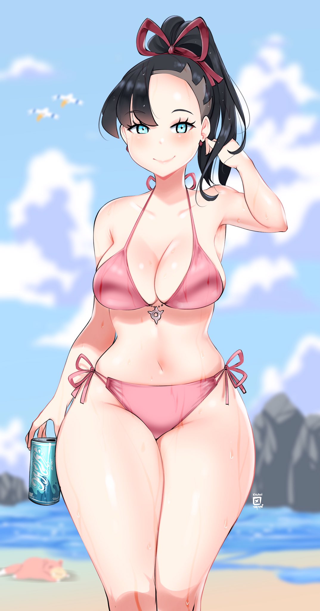 1girl arm_up armpits bikini black_hair blue_eyes blurry blurry_background bow breasts cleavage curvy earrings hair_bun highres jewelry kenron_toqueen large_breasts looking_at_viewer marnie_(pokemon) navel pink_bikini pink_swimsuit pokemon pokemon_(creature) pokemon_(game) pokemon_swsh red_ribbon ribbon signature sky slowpoke smile solo_focus standing stomach swimsuit thighs