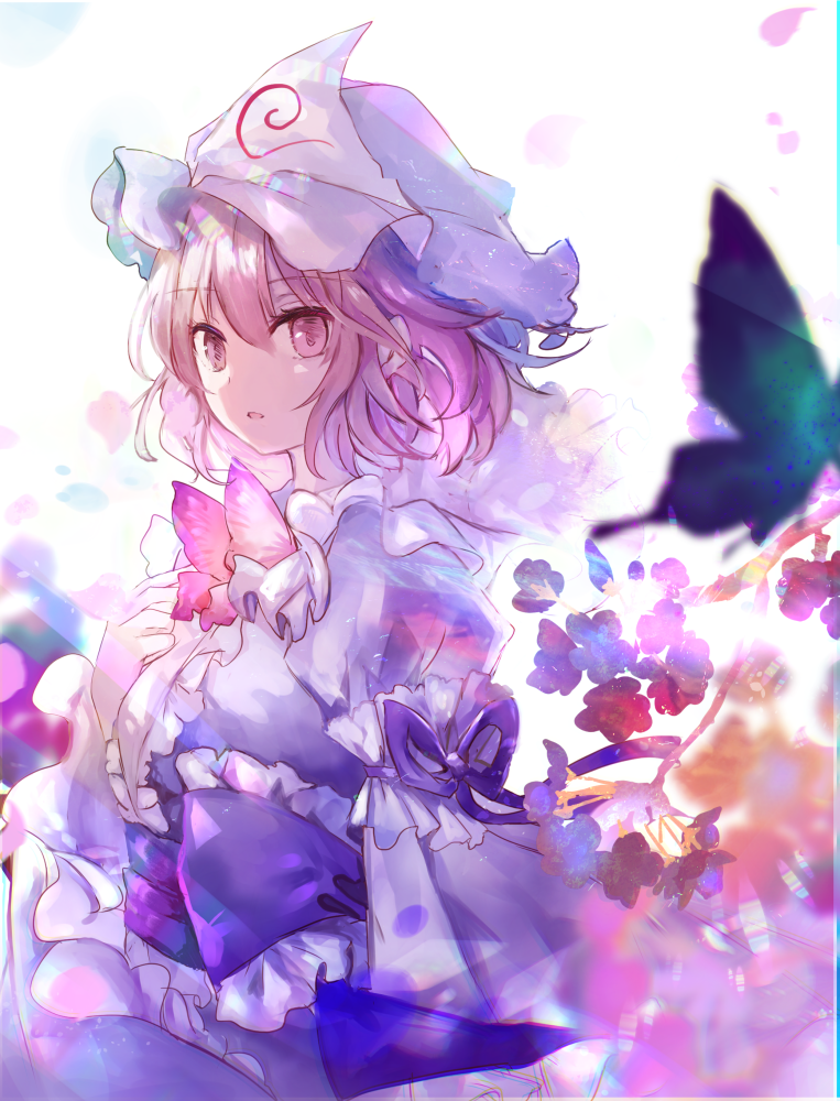 1girl animal blue_headwear blue_kimono bug butterfly commentary eyebrows_visible_through_hair frilled_kimono frills hair_between_eyes hat japanese_clothes kazu_(muchuukai) kimono long_sleeves mob_cap open_mouth pink_eyes pink_hair saigyouji_yuyuko short_hair solo touhou triangular_headpiece upper_body wide_sleeves