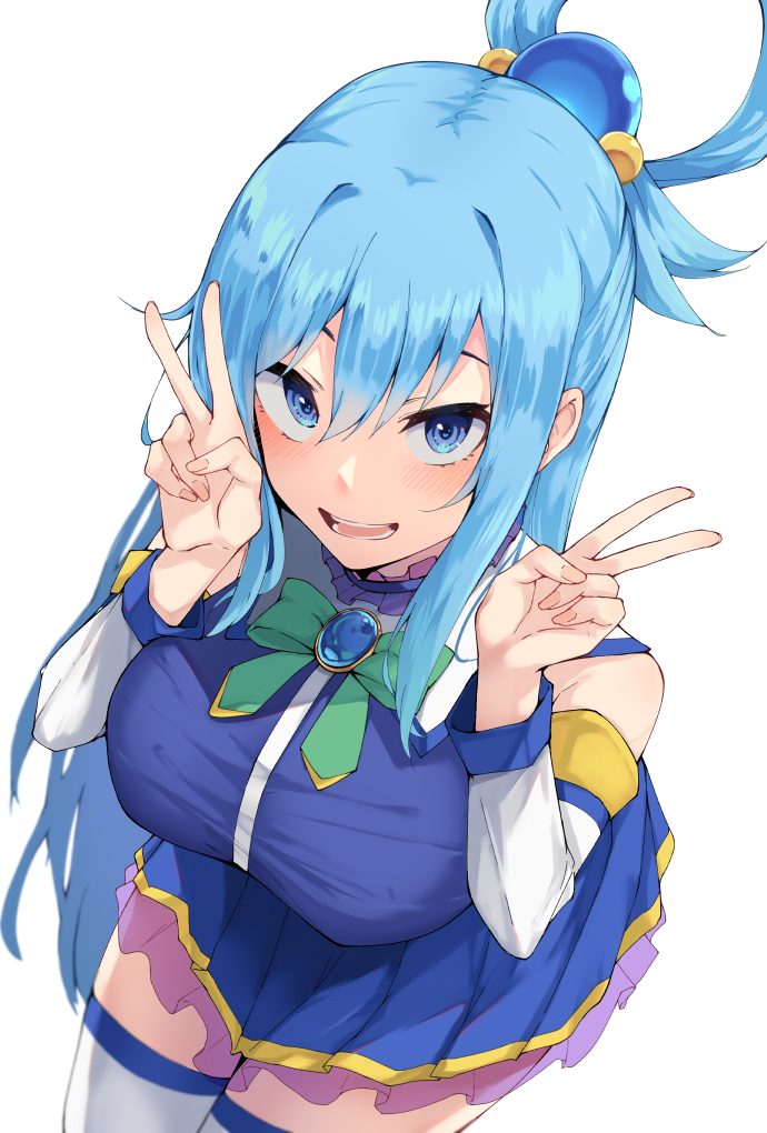 1girl aqua_(konosuba) black_mutou blue_eyes blue_hair blue_skirt blush breasts detached_sleeves double_v fingernails hair_between_eyes hair_ornament hair_rings kono_subarashii_sekai_ni_shukufuku_wo! large_breasts long_hair looking_at_viewer open_mouth simple_background skirt smile solo teeth thighhighs v white_background white_legwear white_sleeves zettai_ryouiki