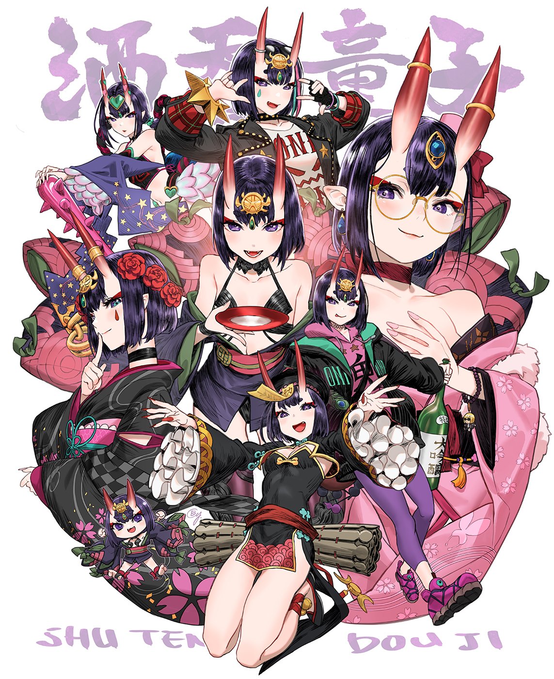 6+girls :p alcohol ankle_bell ankle_ribbon b.c.n.y. bangs bare_shoulders black_choker black_jacket black_kimono blue_eyes blush bob_cut bottle bow bracelet breasts character_name checkered_clothes checkered_scarf chibi china_dress chinese_clothes choker clothes_writing club_(weapon) collar collarbone commentary cup dress dudou eyebrows_visible_through_hair eyeliner eyewear_on_head fate/grand_order fate_(series) finger_to_mouth fingerless_gloves fingernails floral_print flower flower_wreath forehead_jewel fur_scarf glasses gloves hand_on_own_chest hat headpiece heart highres holding holding_bottle holding_cup holding_weapon hood hooded_sweater horn_ornament horn_ring horns jacket japanese_clothes jewelry jiangshi jiangshi_costume kimono leg_ribbon long_fingernails long_sleeves looking_at_viewer makeup mini_hat multicolored_hair multiple_girls multiple_persona obi off_shoulder official_alternate_costume ofuda oni oni_horns open_clothes open_jacket open_kimono open_mouth pantyhose peacock_feathers pelvic_curtain pink_headwear pink_nails pink_sweater plaid_sleeves pointy_ears purple_eyes purple_footwear purple_hair purple_kimono purple_legwear qing_guanmao red_bow red_choker red_nails revealing_clothes ribbon rose round_eyewear sakata_kintoki_(fate) sakazuki sake sake_bottle sash scarf shirt shoes short_eyebrows short_hair shuten_douji_(dress_for_demons)_(fate) shuten_douji_(fate) shuten_douji_(festival_outfit)_(fate) shuten_douji_(halloween_caster)_(fate) shuten_douji_(lostroom_outfit)_(fate) shuten_douji_(under_the_same_sky)_(fate) side_slit single_glove skin-covered_horns small_breasts smile sneakers spiked_club star_(symbol) star_print streaked_hair studded_collar studded_jacket sunglasses sweater t-shirt talisman teardrop_facial_mark thighs tongue tongue_out weapon white_background wide_sleeves