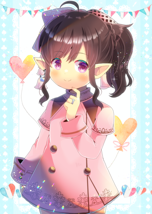 1girl ahoge bangs blush braid brown_hair closed_mouth club_(shape) commentary_request commission diamond_(shape) dress eyebrows_visible_through_hair final_fantasy final_fantasy_xiv hand_up heart jewelry kou_hiyoyo lalafell layered_sleeves long_hair long_sleeves pennant pink_dress pointy_ears ponytail purple_eyes ring short_over_long_sleeves short_sleeves sidelocks skeb_commission smile solo spade_(shape) string_of_flags