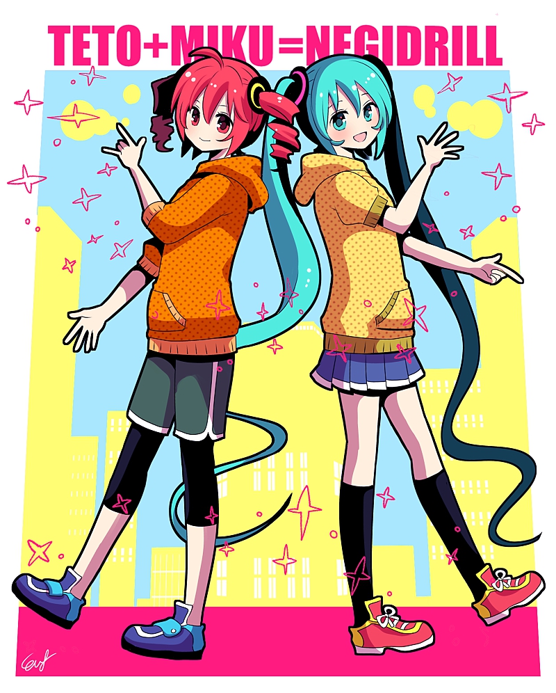 2girls :d ahoge bangs blue_eyes blue_hair blush character_name city commentary drill_hair english_text hair_ornament hand_up hatsune_miku hood hoodie horns_pose index_finger_raised kasane_teto kneehighs legwear_under_shorts long_hair looking_at_viewer medium_hair multiple_girls np_eny outstretched_arm pink_eyes pink_hair pleated_skirt shoes short_sleeves shorts skirt sleeves_past_elbows smile sneakers socks sparkle standing standing_on_one_leg twin_drills twintails utau very_long_hair vocaloid