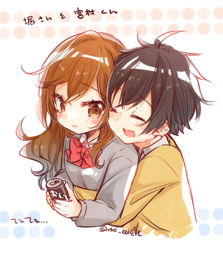 1boy 1girl black_hair blush bow bowtie brown_eyes brown_hair can closed_eyes collared_shirt eyebrows_visible_through_hair hagino_kaede hetero holding holding_can hori-san_to_miyamura-kun hori_kyouko hug hug_from_behind jacket miyamura_izumi open_mouth red_bow red_bowtie school_uniform shirt tearing_up twitter_username white_shirt yellow_jacket