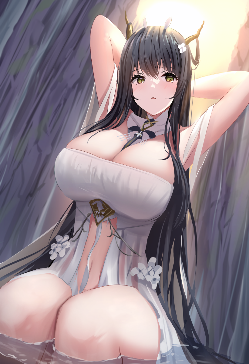 1girl antlers arms_up azur_lane bangs between_breasts black_hair breasts cleavage commentary_request dress eyebrows_visible_through_hair flower green_eyes hair_between_eyes hair_flower hair_ornament highres huge_breasts in_water indomitable_(azur_lane) long_hair looking_at_viewer manda_(manda9n) midriff navel parted_lips revealing_clothes revision sidelocks sitting sleeveless solo waist_cutout water white_dress