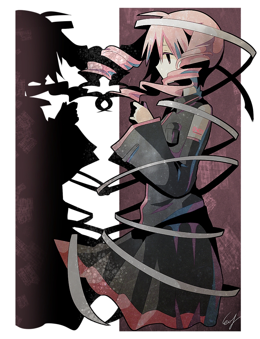 1girl ahoge bangs black_eyes breast_pocket collared_shirt covered_mouth detached_sleeves drill_hair expressionless from_side hair_over_mouth hand_up kasane_teto long_hair long_skirt long_sleeves np_eny pink_hair pleated_skirt pocket profile ribbon shadow shirt signature silhouette skirt sleeveless sleeveless_shirt solo twin_drills utau wind
