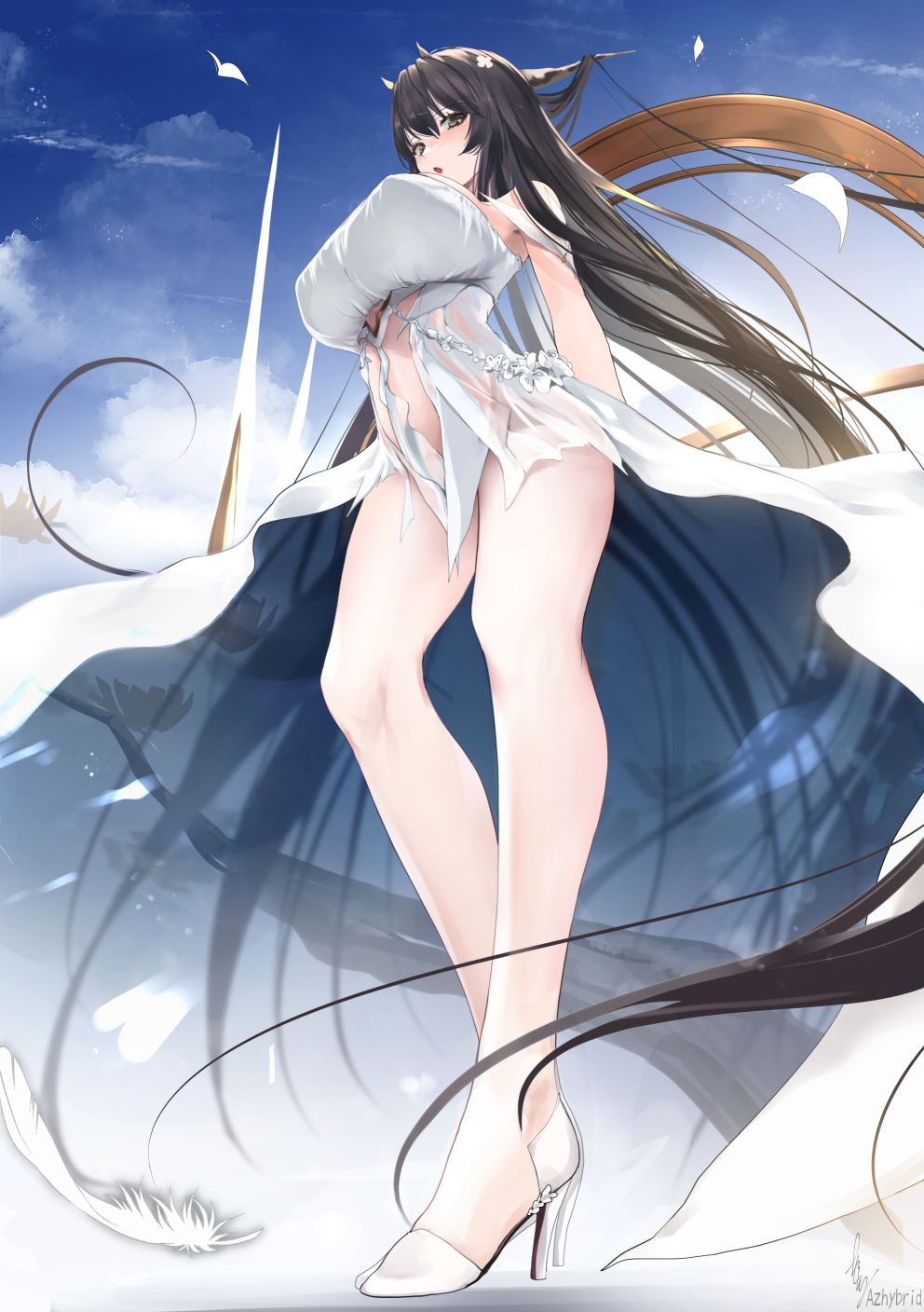 1girl :o antlers azur_lane bare_legs black_hair breasts clothes_lift dress dress_lift from_below green_eyes high_heels highres horns indomitable_(azur_lane) large_breasts legs long_legs looking_at_viewer open_mouth pumps revealing_clothes solo thighs underboob white_dress won_(az_hybrid)