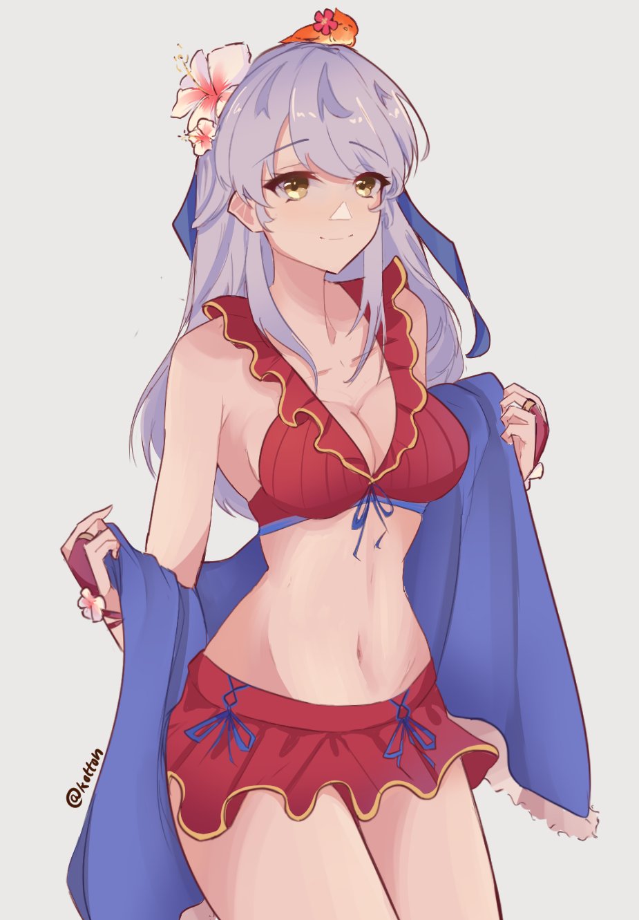 1girl animal_on_head bangs bare_shoulders bikini bikini_skirt bird bird_on_head blue_scarf breasts cleavage collarbone cowboy_shot emi_(kottonart) eyebrows_visible_through_hair fire_emblem fire_emblem:_radiant_dawn fire_emblem_heroes flower front-tie_bikini front-tie_top gloves grey_background grey_hair groin hair_flower hair_ornament hair_ribbon highres long_hair medium_breasts micaiah_(fire_emblem) miniskirt navel official_alternate_costume on_head red_bikini red_gloves red_scarf red_swimsuit ribbon scarf simple_background skirt smile solo swimsuit towel twitter_username yellow_eyes yune_(fire_emblem)