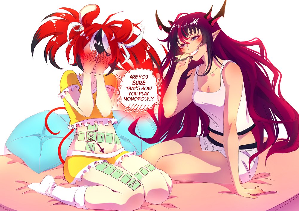 2girls animal_ears arrow_(symbol) black_hair blush board_game breasts casual cherry_in_the_sun cleavage collarbone commentary covering_eyes demon_horns english_commentary english_text grin hakos_baelz hands_on_own_face holding holding_pen hololive hololive_english horns irys_(hololive) kneeling long_hair looking_at_another midriff monopoly mouse_ears mouse_girl mouse_tail multicolored_hair multiple_girls pen pillow pointy_ears purple_hair red_hair sitting smile socks streaked_hair tail tank_top twintails very_long_hair virtual_youtuber white_background white_hair white_legwear white_tank_top yuri