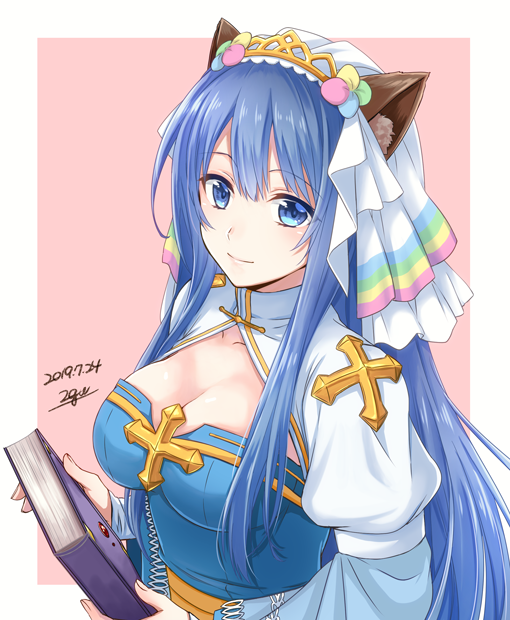 1girl 20nigu animal_ear_fluff animal_ears arch_bishop_(ragnarok_online) bangs blue_dress blue_eyes blue_hair blush book breasts cat_ears cleavage cleavage_cutout closed_mouth clothing_cutout commentary_request cross dress eyebrows_visible_through_hair headdress holding holding_book juliet_sleeves large_breasts long_hair long_sleeves looking_at_viewer pink_background puffy_sleeves ragnarok_online sash signature simple_background smile solo two-tone_background two-tone_dress upper_body white_background white_dress yellow_sash