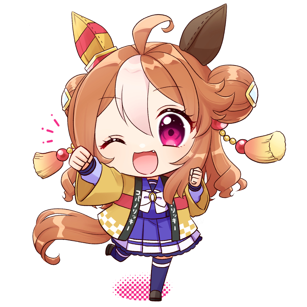 1girl :3 :d ahoge animal_ears arm_up bangs blush chibi clenched_hands copano_rickey_(umamusume) curly_hair double_bun dyed_bangs ear_covers fang hair_bun hand_up haori horse_ears horse_girl horse_tail horseshoe_ornament japanese_clothes long_hair long_sleeves mikona_honey notice_lines one_eye_closed open_mouth orange_hair pink_eyes school_uniform serafuku shoes skirt smile solo standing standing_on_one_leg tail tassel_hair_ornament thighhighs tracen_school_uniform translation_request umamusume white_hair wide_sleeves