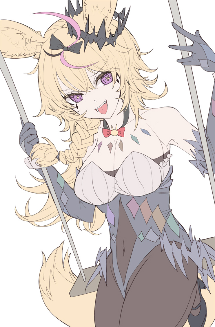 1girl ahoge animal_ears appleseed_(appleseed_art) bangs blonde_hair bow braid breasts cleavage fox_ears fox_girl fox_tail gloves hair_ornament high_heels hololive large_breasts leotard long_hair looking_at_viewer omaru_polka open_mouth pantyhose pink_hair purple_eyes smile solo strapless strapless_leotard swing symbol-shaped_pupils tail virtual_youtuber