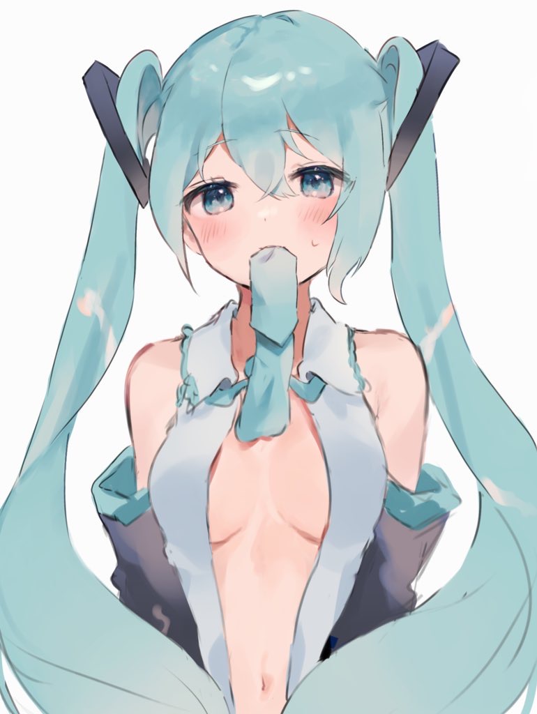 1girl ahoge aqua_eyes aqua_hair aqua_necktie bangs bare_shoulders blue_eyes blush breasts collared_shirt detached_sleeves grey_shirt hair_between_eyes hair_ornament hatsune_miku long_hair looking_at_viewer mouth_hold navel necktie necktie_in_mouth o_(jshn3457) open_clothes open_shirt shirt simple_background solo twintails vocaloid white_background