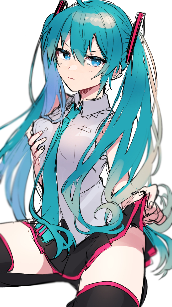 1girl ahoge aqua_hair aqua_necktie bare_shoulders between_breasts black_footwear black_legwear black_skirt blue_eyes blurry blurry_background blush breast_grab breasts bright_pupils cha_sakura closed_mouth clothes_lift fingernails grabbing hair_between_eyes hand_on_own_chest hatsune_miku highres lifted_by_self long_hair looking_at_viewer necktie necktie_between_breasts simple_background sketch skirt skirt_lift solo tearing_up twintails very_long_hair vocaloid white_background white_pupils