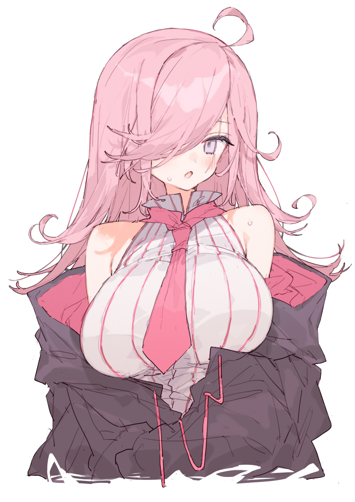 1girl ahoge bare_shoulders black_jacket breasts grey_eyes hair_over_one_eye ica_(1111ica) jacket large_breasts long_hair looking_at_viewer necktie open_mouth pink_hair pink_necktie simple_background solo striped sweat upper_body white_background