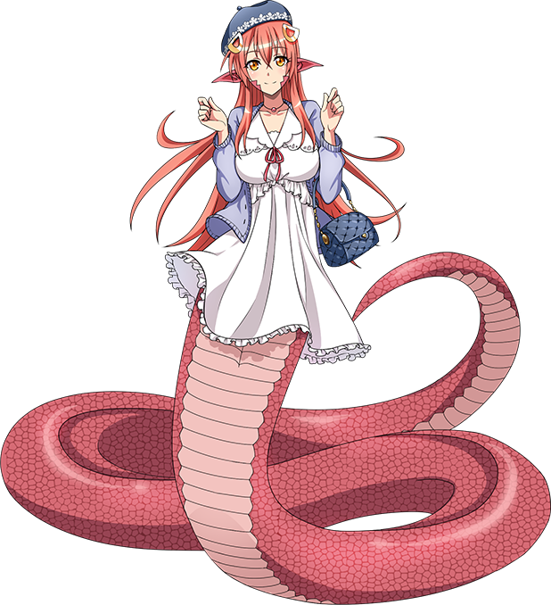 1girl artist_request bag bangs blue_headwear blue_jacket breasts dress eyebrows_visible_through_hair full_body game_cg hair_between_eyes hair_ornament hairclip handbag jacket lamia large_breasts long_hair looking_at_viewer miia_(monster_musume) monster_girl monster_musume_no_iru_nichijou monster_musume_no_iru_nichijou_online official_alternate_costume official_art pointy_ears red_hair scales slit_pupils smile solo transparent_background white_dress yellow_eyes