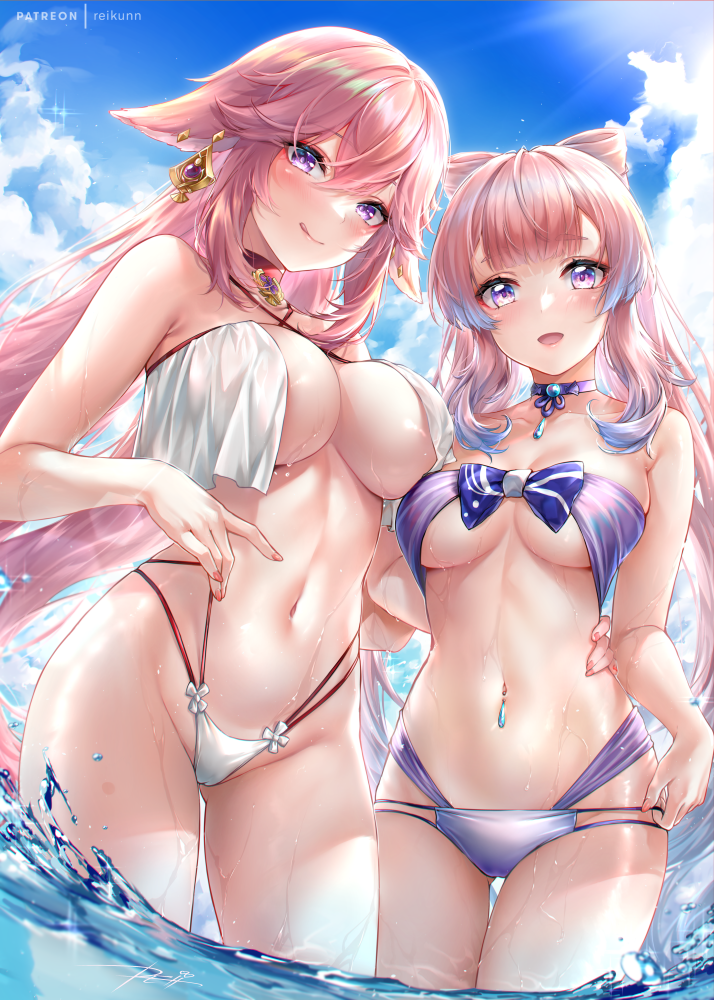 2girls :d :q artist_name bangs bikini blue_bow blue_hair blue_sky blunt_bangs bow breasts closed_mouth cloud colored_tips crossed_bangs day earrings floating_hair floppy_ears genshin_impact gold_earrings gradient_hair hand_on_another's_waist highleg highleg_bikini jewelry large_breasts licking_lips long_hair looking_at_viewer medium_breasts multicolored_hair multiple_girls navel navel_piercing open_mouth patreon_username piercing pink_eyes pink_hair pink_nails purple_eyes rei_kun sangonomiya_kokomi sidelocks sky smile stomach sunlight swimsuit thigh_gap thighs tongue tongue_out torso_grab twintails wading water wet yae_miko