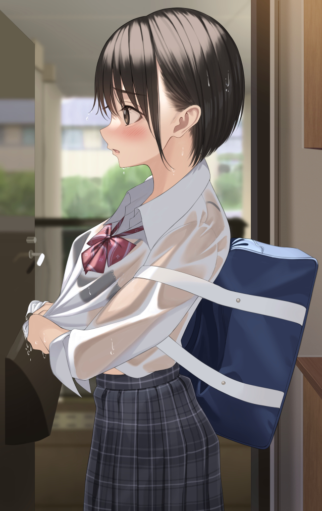 1girl bag black_bra black_hair blush bow bra breasts brown_eyes collared_shirt commentary_request diagonal-striped_bow from_side grey_skirt indoors medium_breasts mottsun_(i_40y) open_door original parted_lips plaid plaid_skirt pleated_skirt profile red_bow school_bag school_uniform see-through shirt short_hair skirt solo standing underwear wet wet_clothes wet_shirt white_shirt wringing_clothes