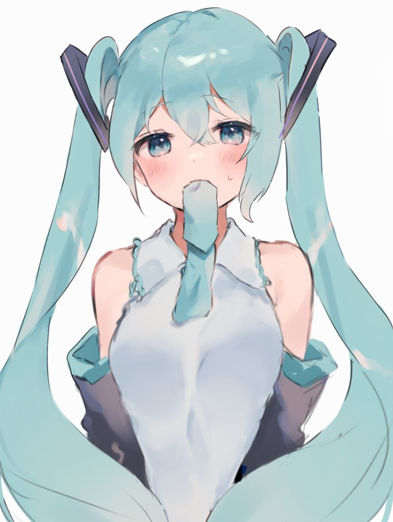 1girl ahoge aqua_eyes aqua_hair aqua_necktie bangs bare_shoulders blue_eyes blush breasts collared_shirt detached_sleeves grey_shirt hair_between_eyes hair_ornament hatsune_miku long_hair looking_at_viewer mouth_hold necktie necktie_in_mouth o_(jshn3457) shirt simple_background solo twintails vocaloid white_background