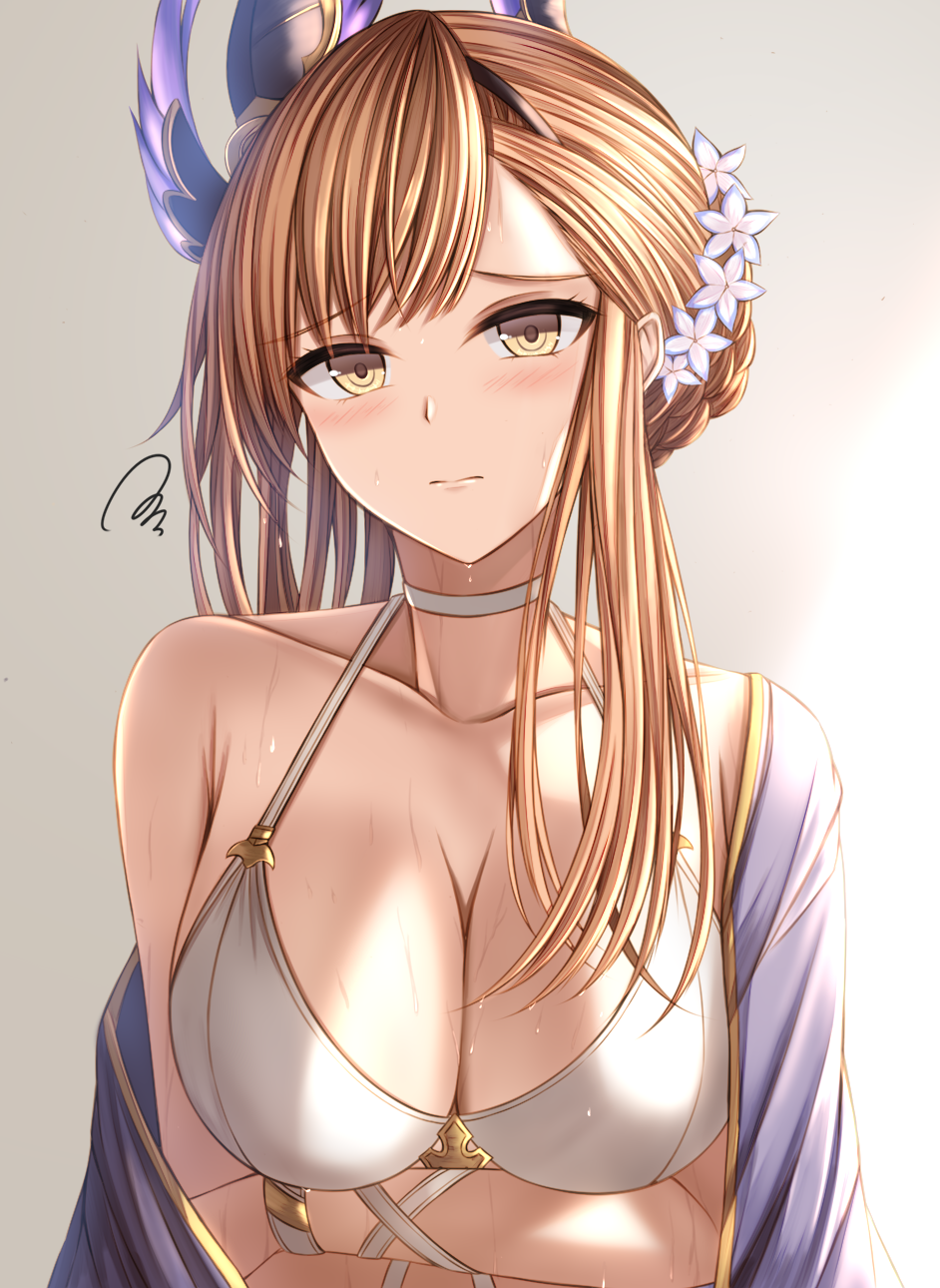 1girl arms_under_breasts asymmetrical_bangs bangs bikini blush bracelet breasts brown_eyes brown_hair choker cleavage closed_mouth collarbone embarrassed flower granblue_fantasy hair_flower hair_ornament highres jewelry kanpyou_(hghgkenfany) large_breasts long_hair looking_at_viewer official_alternate_costume shawl solo swimsuit tweyen_(eternal's_summer_vacation)_(granblue_fantasy) tweyen_(granblue_fantasy) upper_body wet white_bikini white_choker