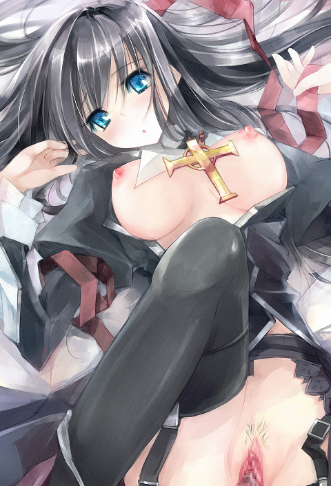 bad_id bad_pixiv_id black_hair blue_eyes blush breasts censored copyright_request cross garter_belt large_breasts long_hair lying nipples no_bra no_panties open_clothes open_shirt pubic_hair pussy shirt solo thighhighs yudesoba