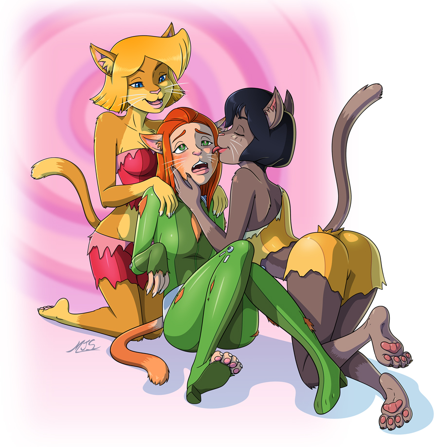4_toes alex_(totally_spies!) anthro black_hair blonde_hair bodysuit breasts butt claws clothing clover_(totally_spies!) domestic_cat eyes_closed feet felid feline felis female female/female group hair human human_to_anthro kneeling licking mammal mid_transformation nails orange_hair pawpads pink_pawpads rear_view sam_(totally_spies!) short_hair skinsuit species_transformation tight_clothing toe_claws toes tongue tongue_out toonexterminator torn_clothing totally_spies! transformation trio whiskers