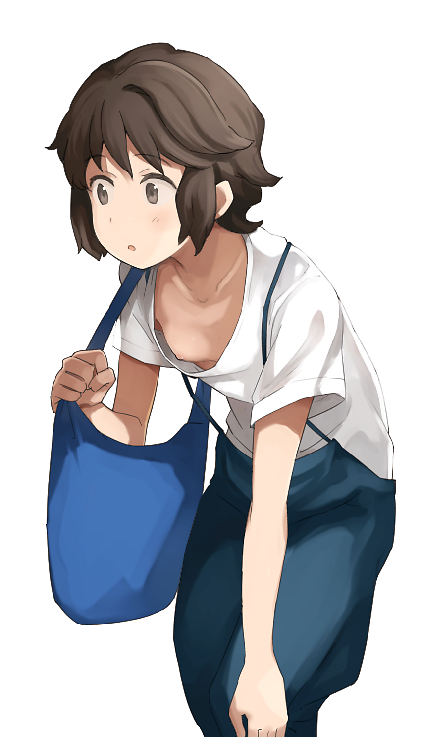 1girl :o bag bangs blue_pants blush breasts brown_eyes brown_hair highres kantai_collection leaning_forward miyuki_(kancolle) nipple_slip nipples official_alternate_costume panties pants sakura_(medilore) shirt short_hair short_sleeves shoulder_bag simple_background small_breasts solo suspenders underwear white_background white_shirt